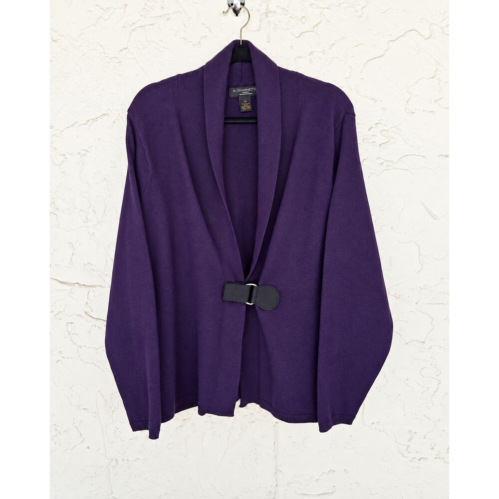 A Giannetti 100% Merino Wool Slouchy Cardigan Shawl Collar Jewel Purple Clasp 2X